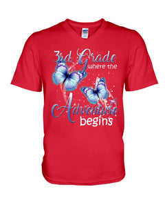 3Rd Grade Where The Adventure Begins Gift For Students Custom Design Guys V-Neck