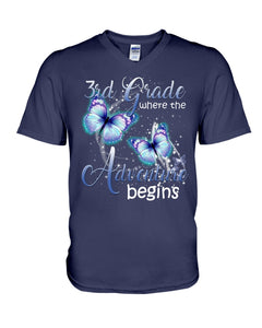3Rd Grade Where The Adventure Begins Gift For Students Custom Design Guys V-Neck
