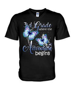 3Rd Grade Where The Adventure Begins Gift For Students Custom Design Guys V-Neck