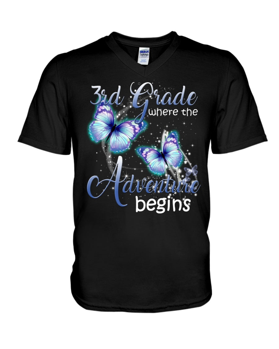 3Rd Grade Where The Adventure Begins Gift For Students Custom Design Guys V-Neck