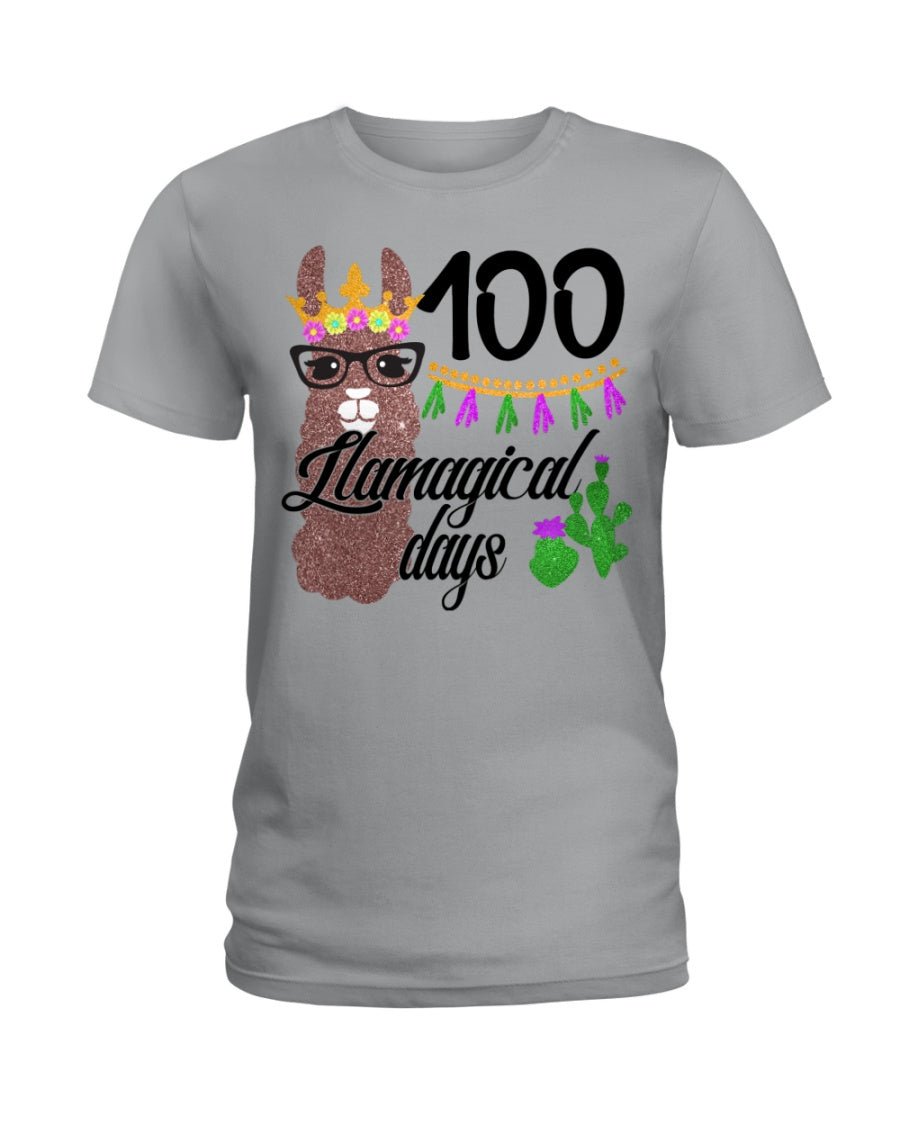 100 Llamagical Day Cute Cartoon Ladies Tee